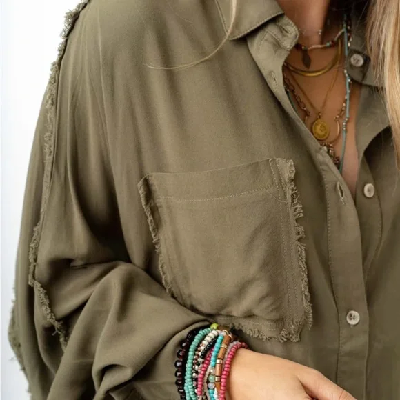 Three Bird Nest Olive Button Down Shirt - Picture 3 of 9